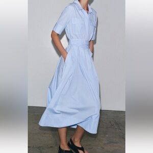 ZARA COLLECTION POPLIN SHIRT DRESS $149 Striped Midi Size Small A Line Dress